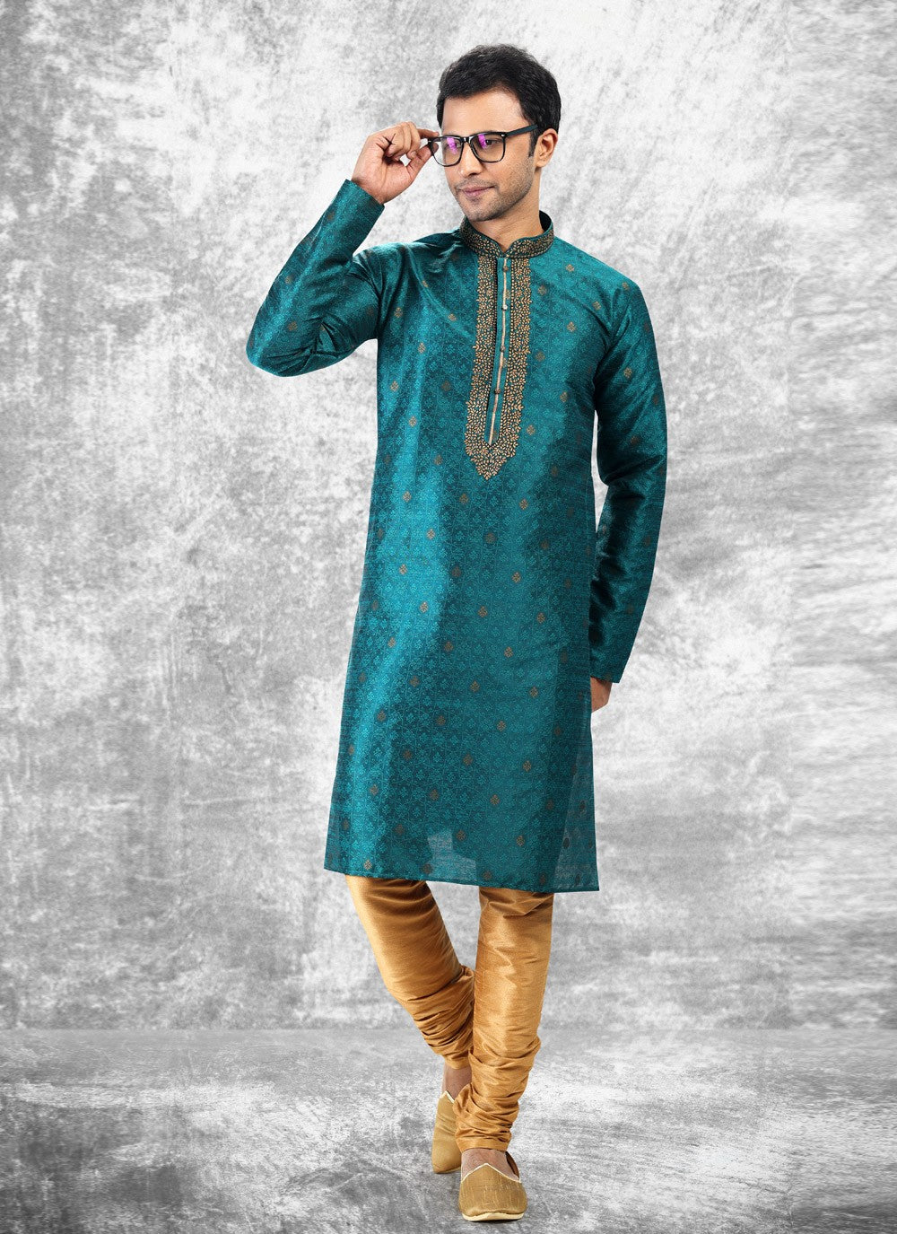 Fancy Work Brocade, Jacquard Silk Teal Kurta Pyjama - M4855