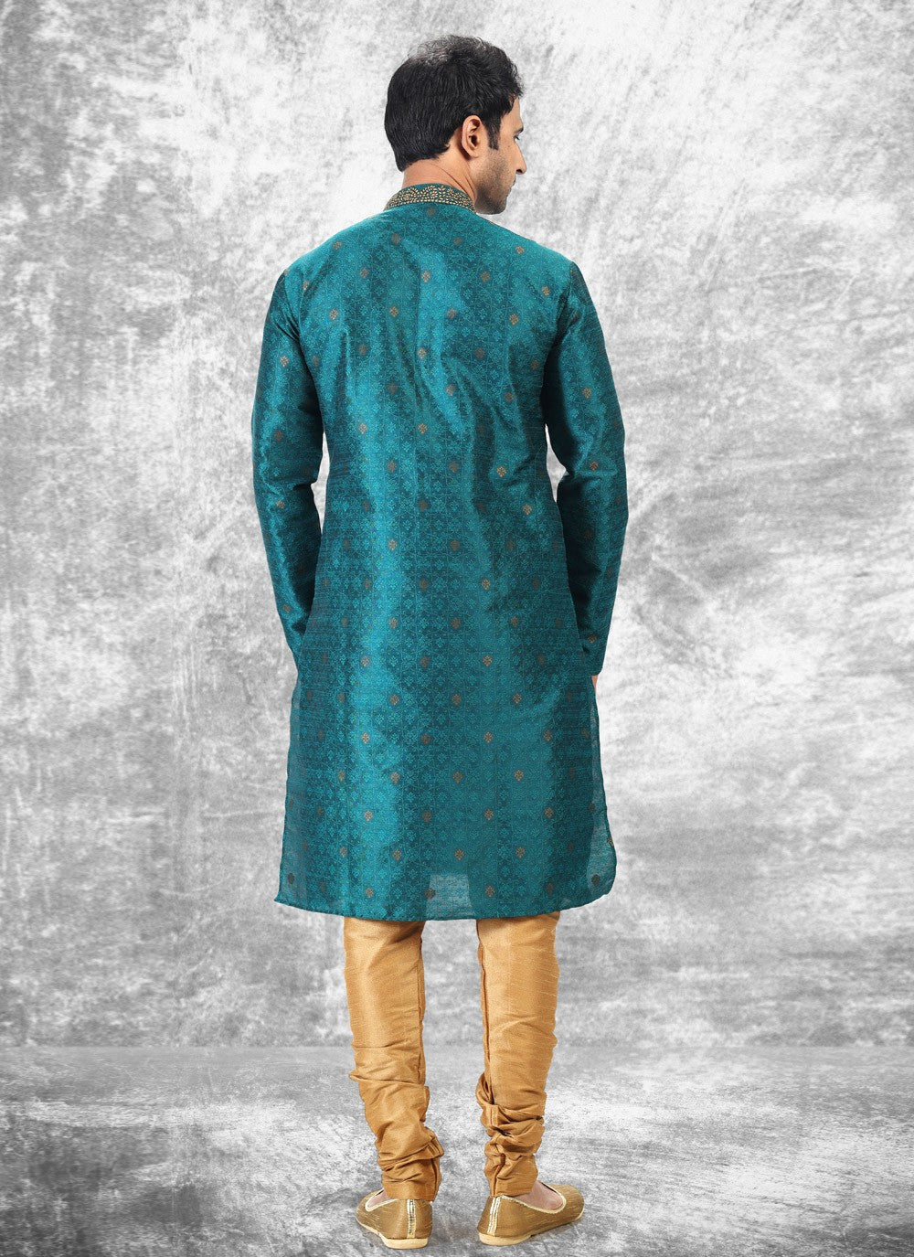 Fancy Work Brocade, Jacquard Silk Teal Kurta Pyjama - M4855