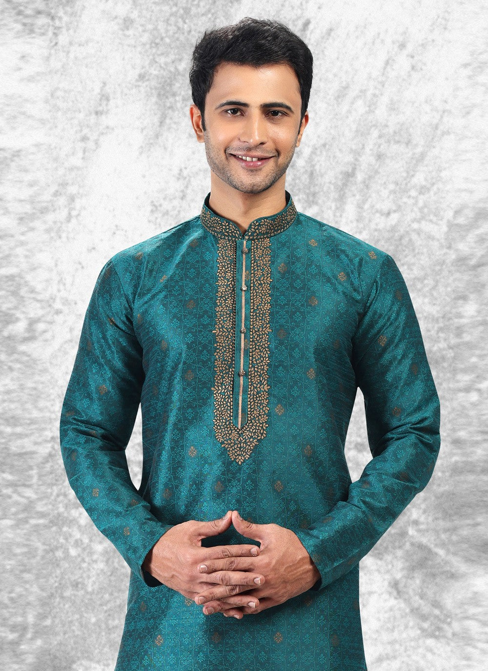 Fancy Work Brocade, Jacquard Silk Teal Kurta Pyjama - M4855