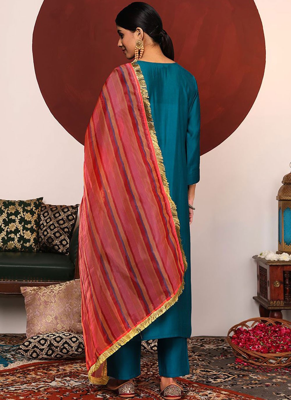 Pant Style Suit Embroidered Teal Silk T5284