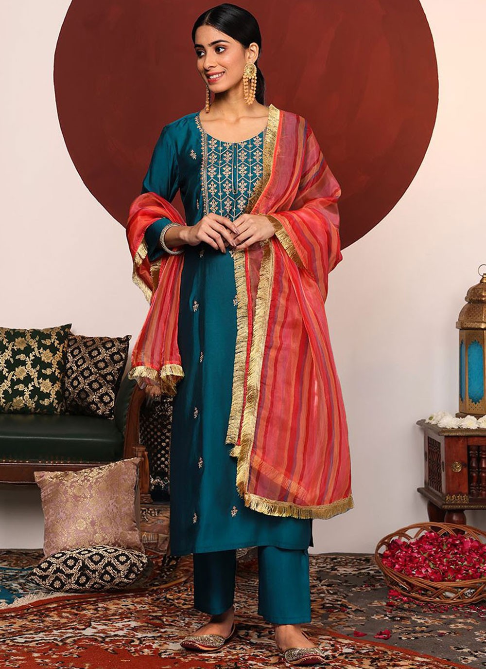 Pant Style Suit Embroidered Teal Silk T5284