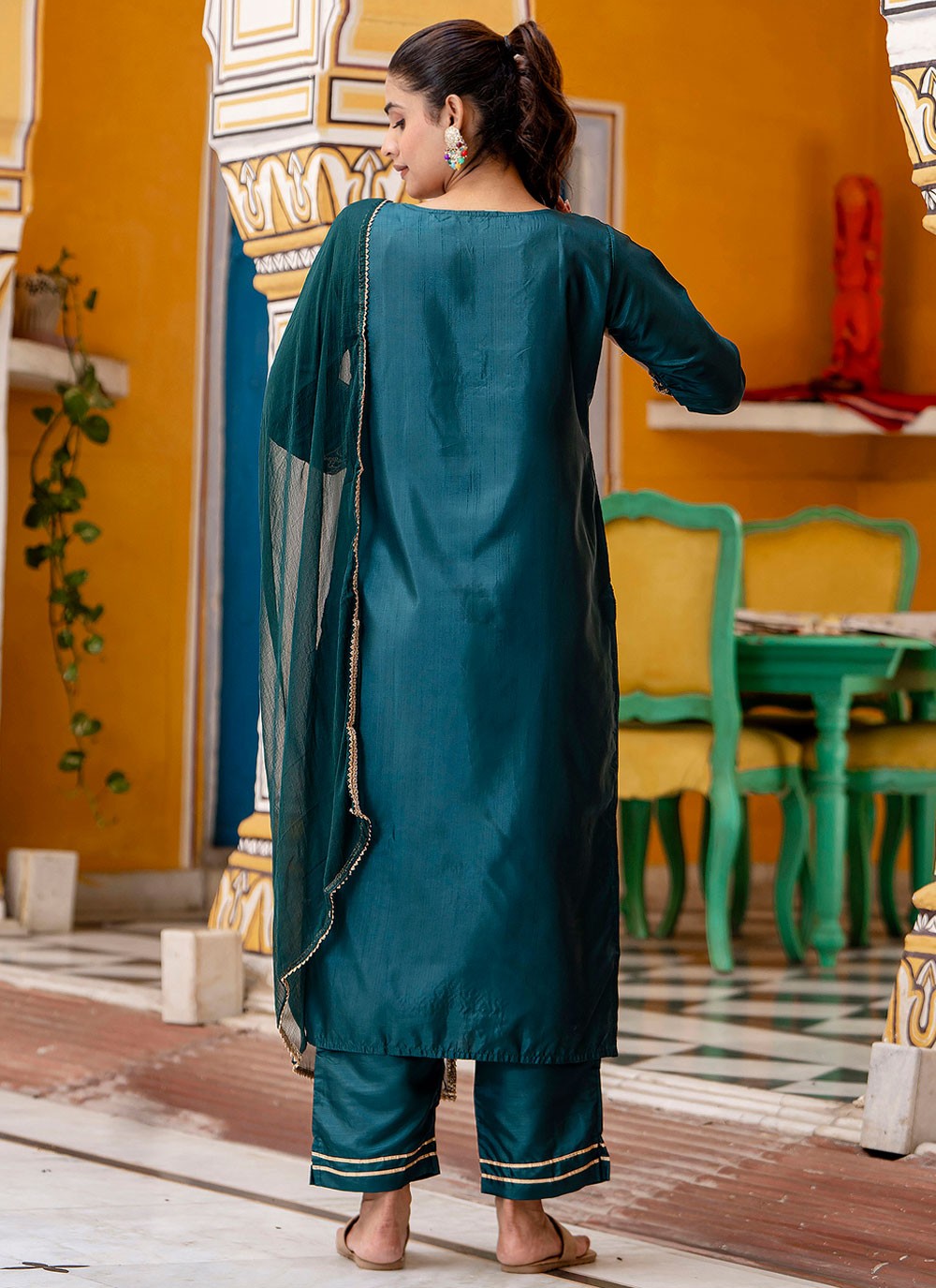 Pant Style Suit Embroidered Teal T8790