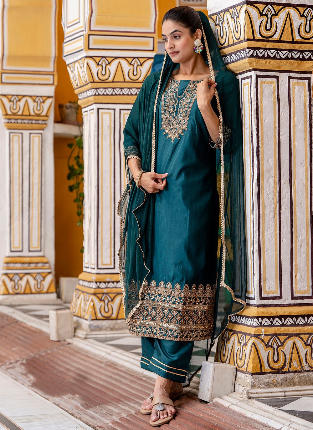 Pant Style Suit Embroidered Teal T8790
