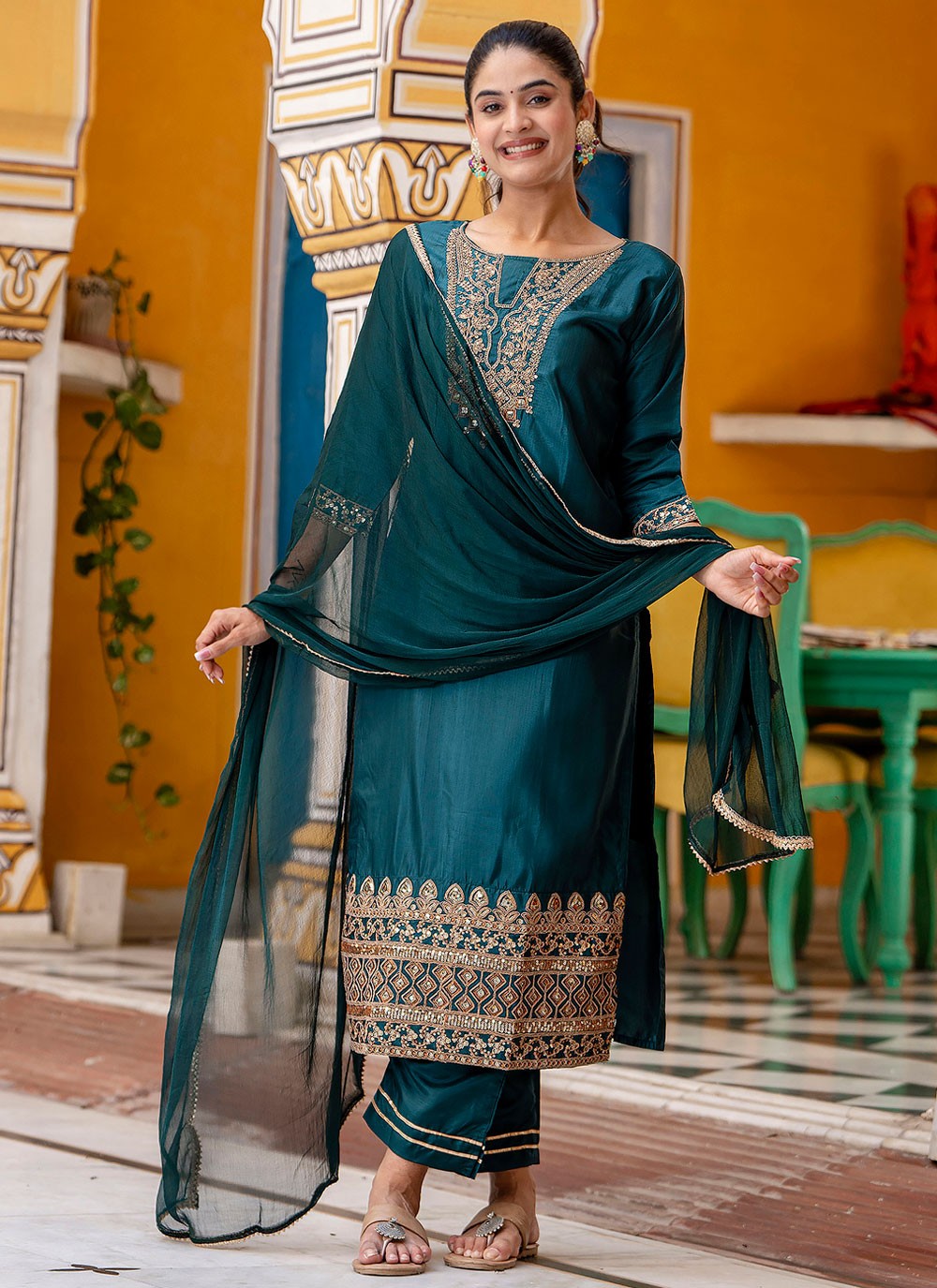 Pant Style Suit Embroidered Teal T8790