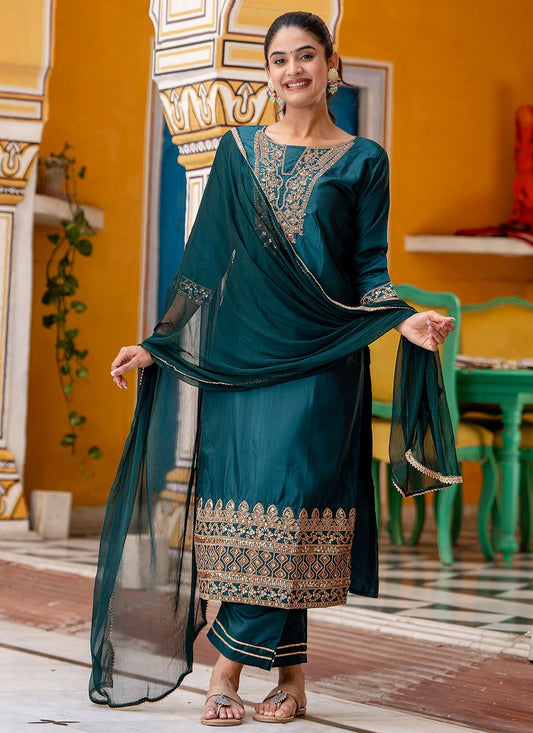 Pant Style Suit Embroidered Teal T8790