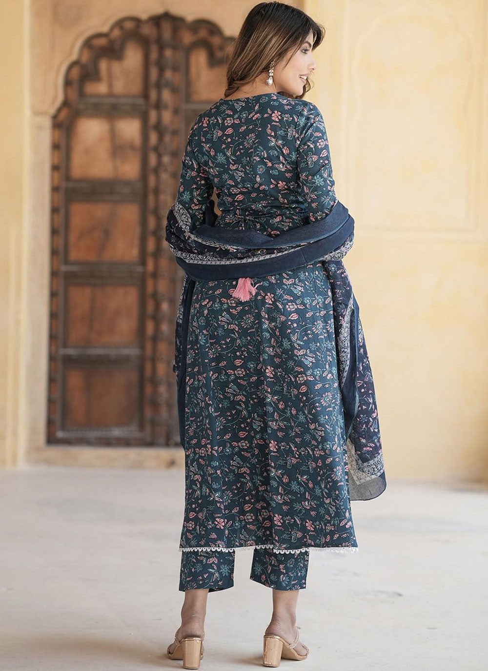 Anarkali Floral Printed Teal Cotton T5197