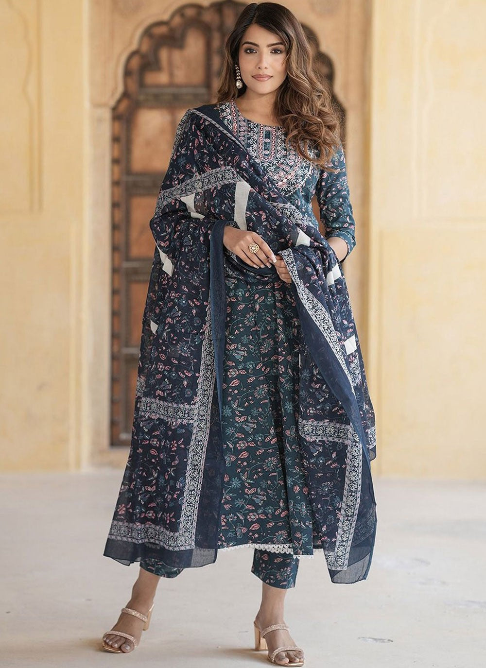 Anarkali Floral Printed Teal Cotton T5197