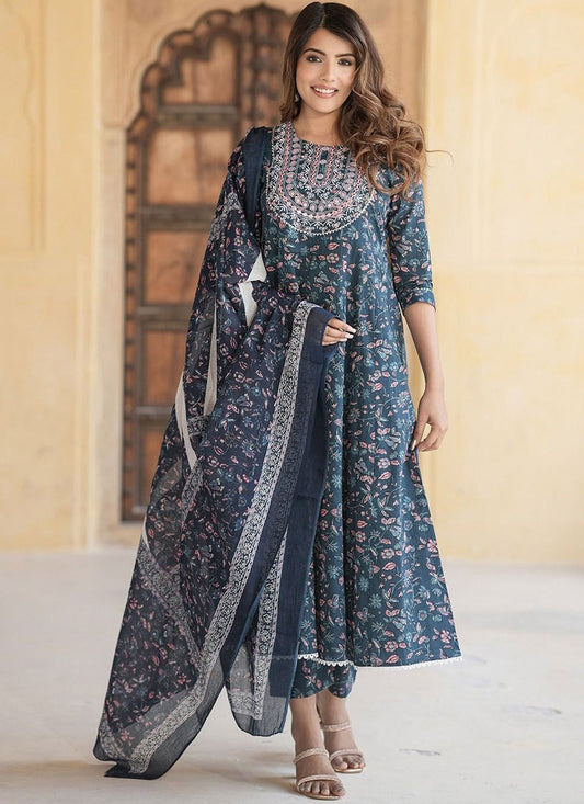 Anarkali Floral Printed Teal Cotton T5197