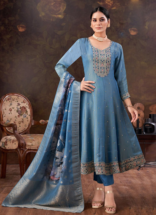 Anarkali Embroidered Teal Silk T5219