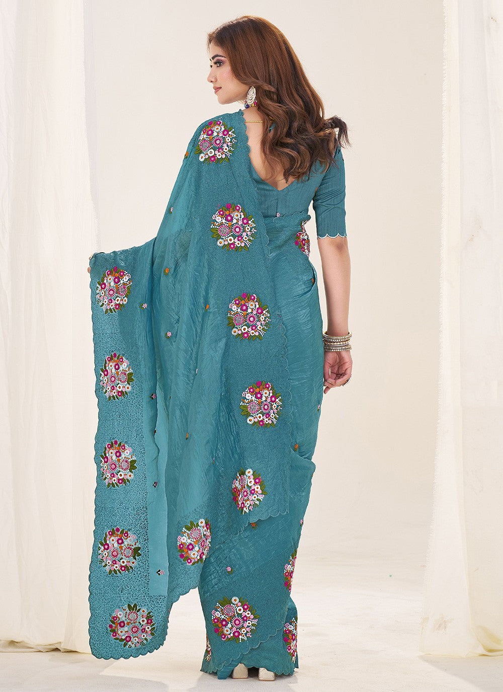 Teal Crush Contemporary Saree Cut Work, Embroidered, Thread S19137
