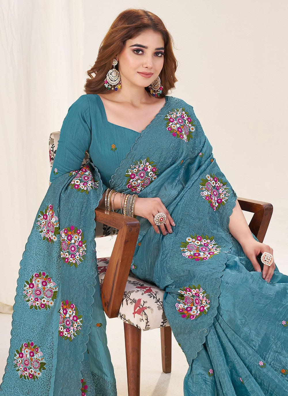 Teal Crush Contemporary Saree Cut Work, Embroidered, Thread S19137