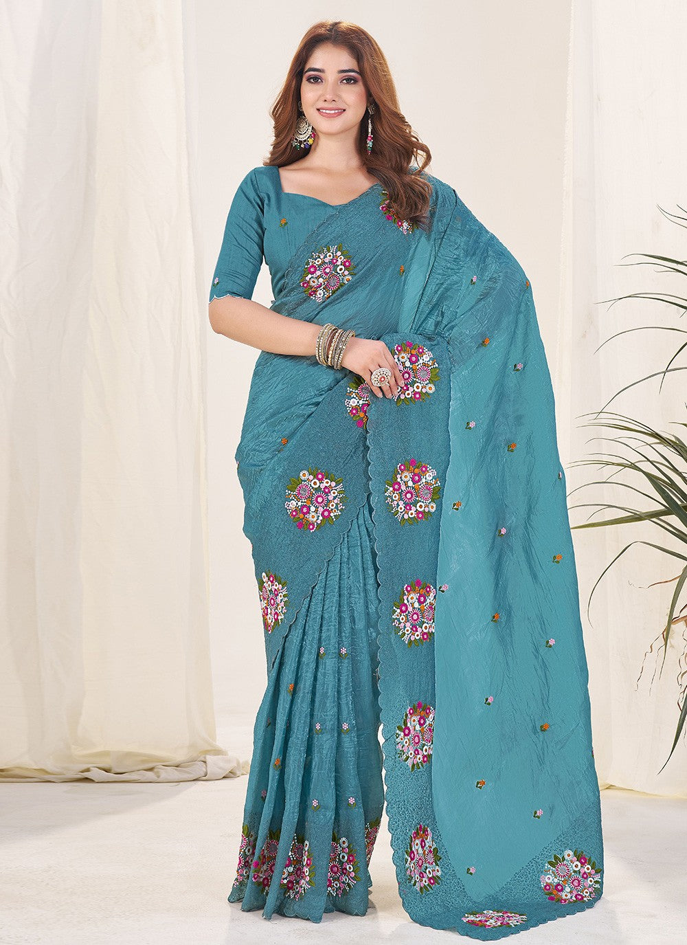 Teal Crush Contemporary Saree Cut Work, Embroidered, Thread S19137