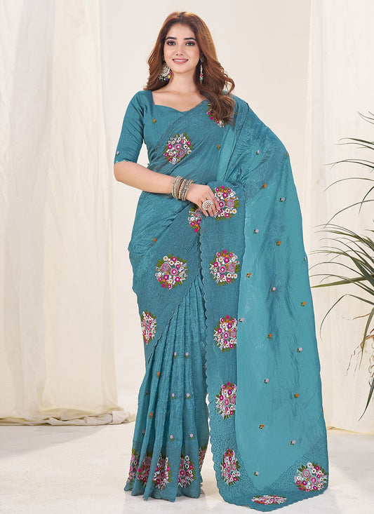 Teal Crush Contemporary Saree Cut Work, Embroidered, Thread S19137