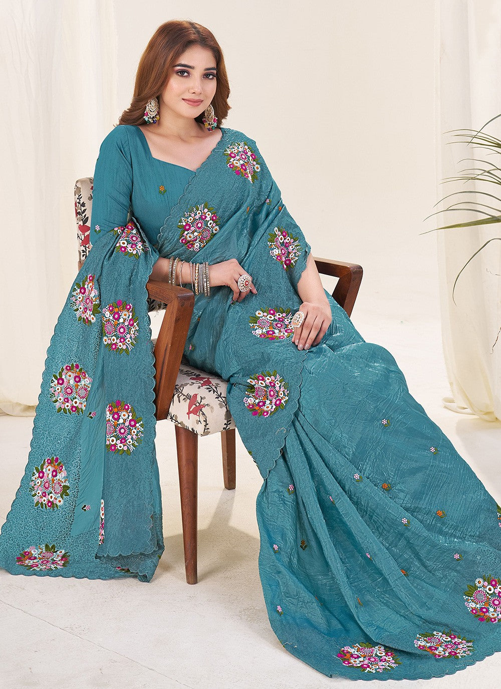 Teal Crush Contemporary Saree Cut Work, Embroidered, Thread S19137