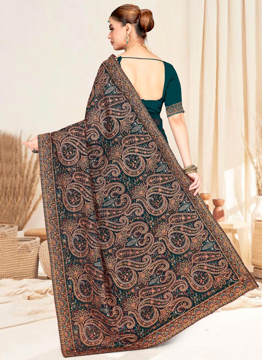 Teal Georgette Classic Saree Embroidered, Resham S19831