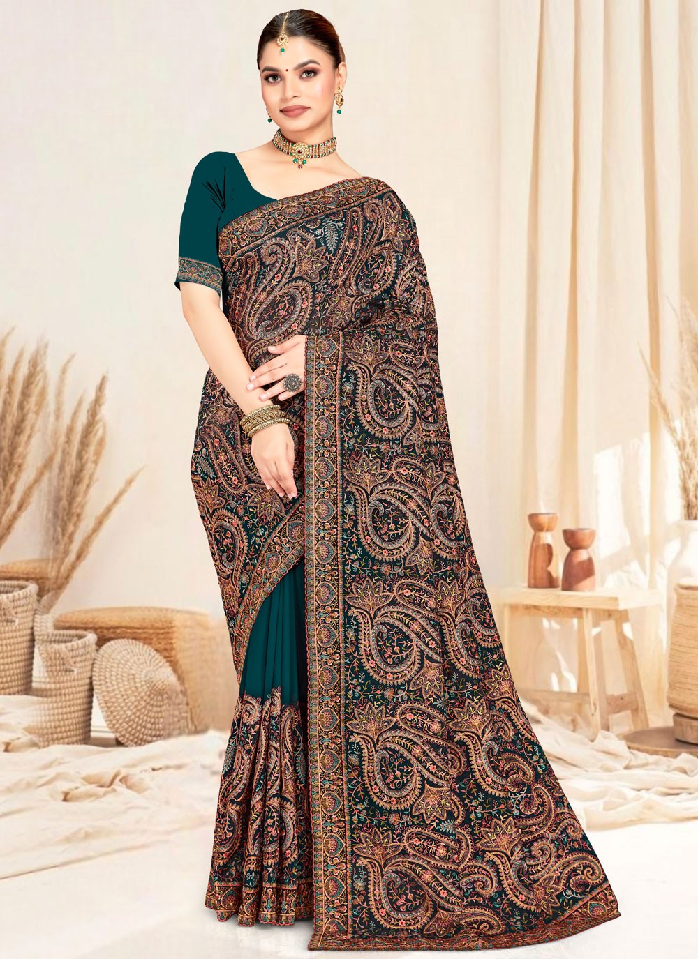Teal Georgette Classic Saree Embroidered, Resham S19831