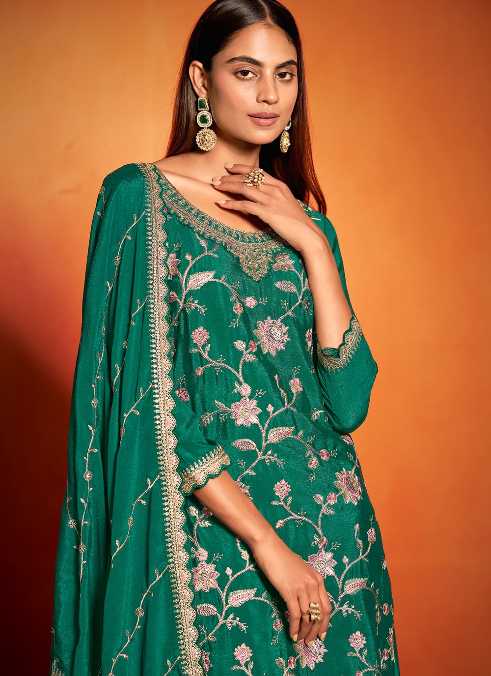Palazzo Suit Embroidered, Thread, Zari Teal T7388