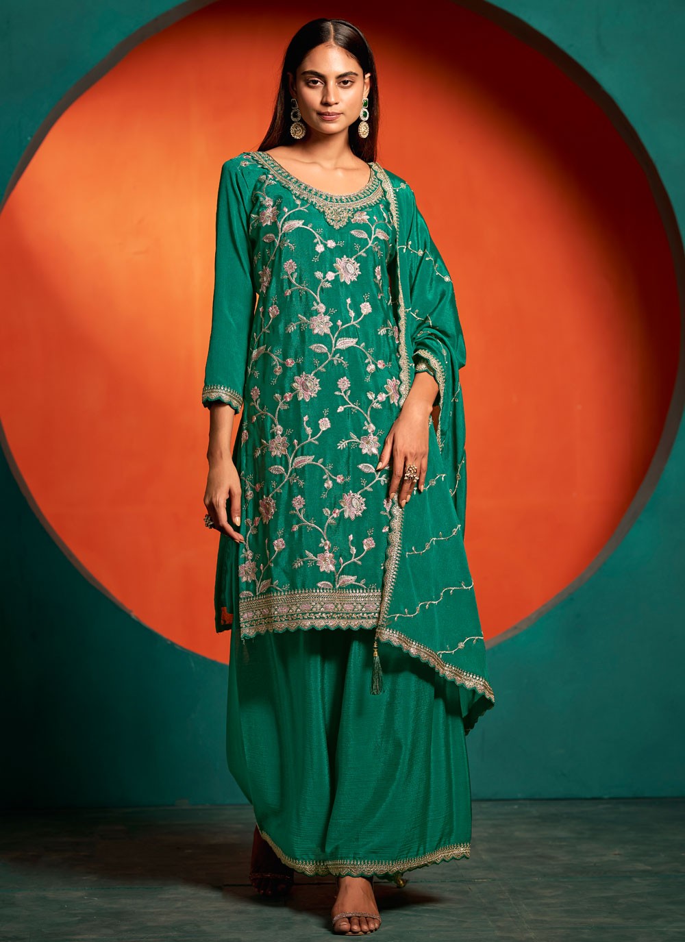Palazzo Suit Embroidered, Thread, Zari Teal T7388
