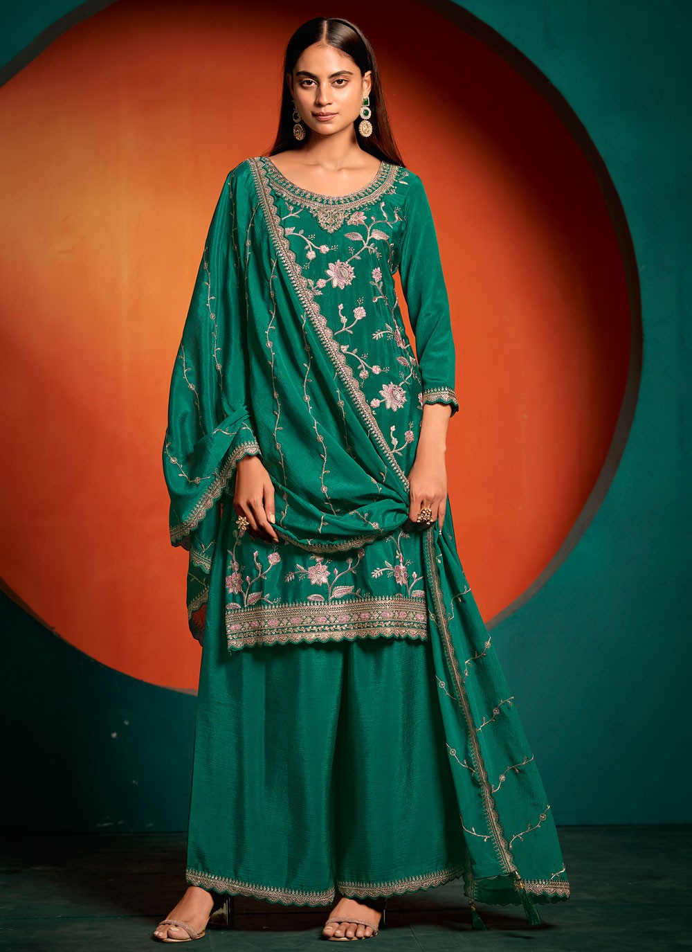 Palazzo Suit Embroidered, Thread, Zari Teal T7388