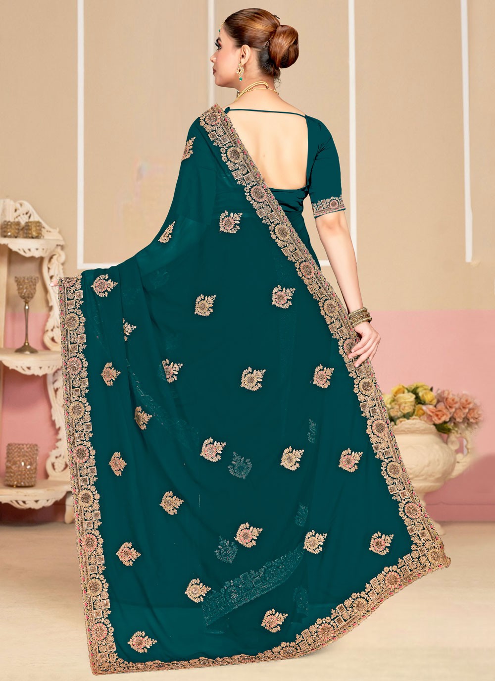 Teal Georgette Traditional Saree Cord, Embroidered S19981
