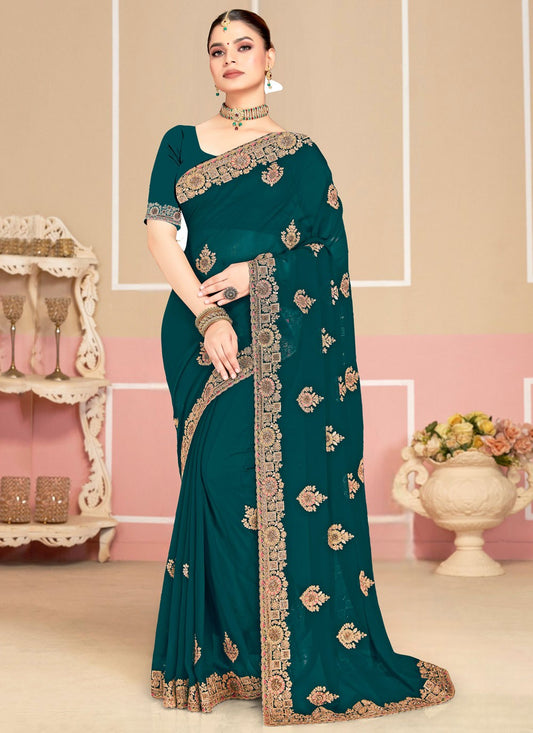 Teal Georgette Traditional Saree Cord, Embroidered S19981