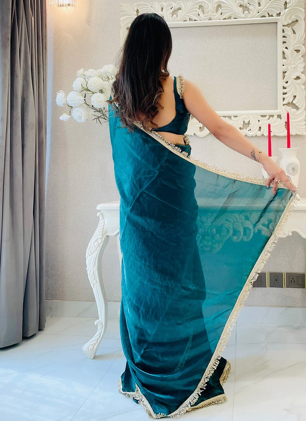 Embroidered Satin Teal Classic Saree S15216