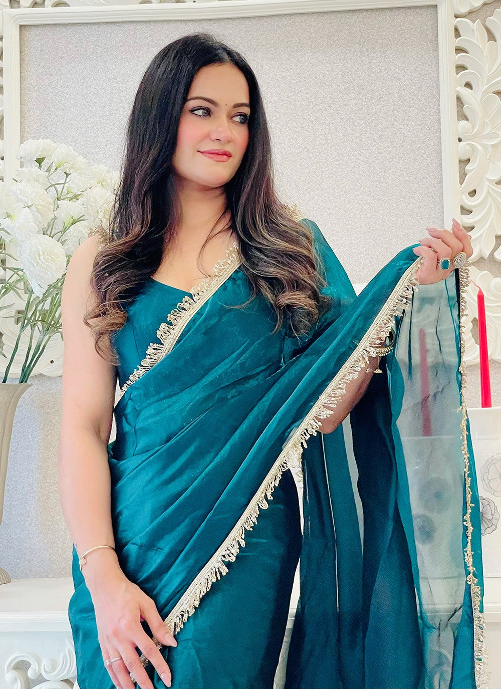 Embroidered Satin Teal Classic Saree S15216