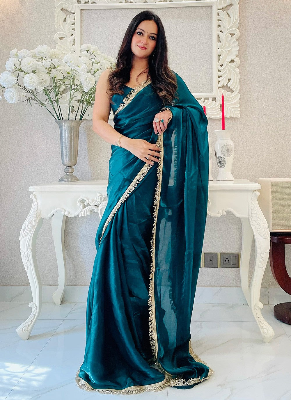 Embroidered Satin Teal Classic Saree S15216