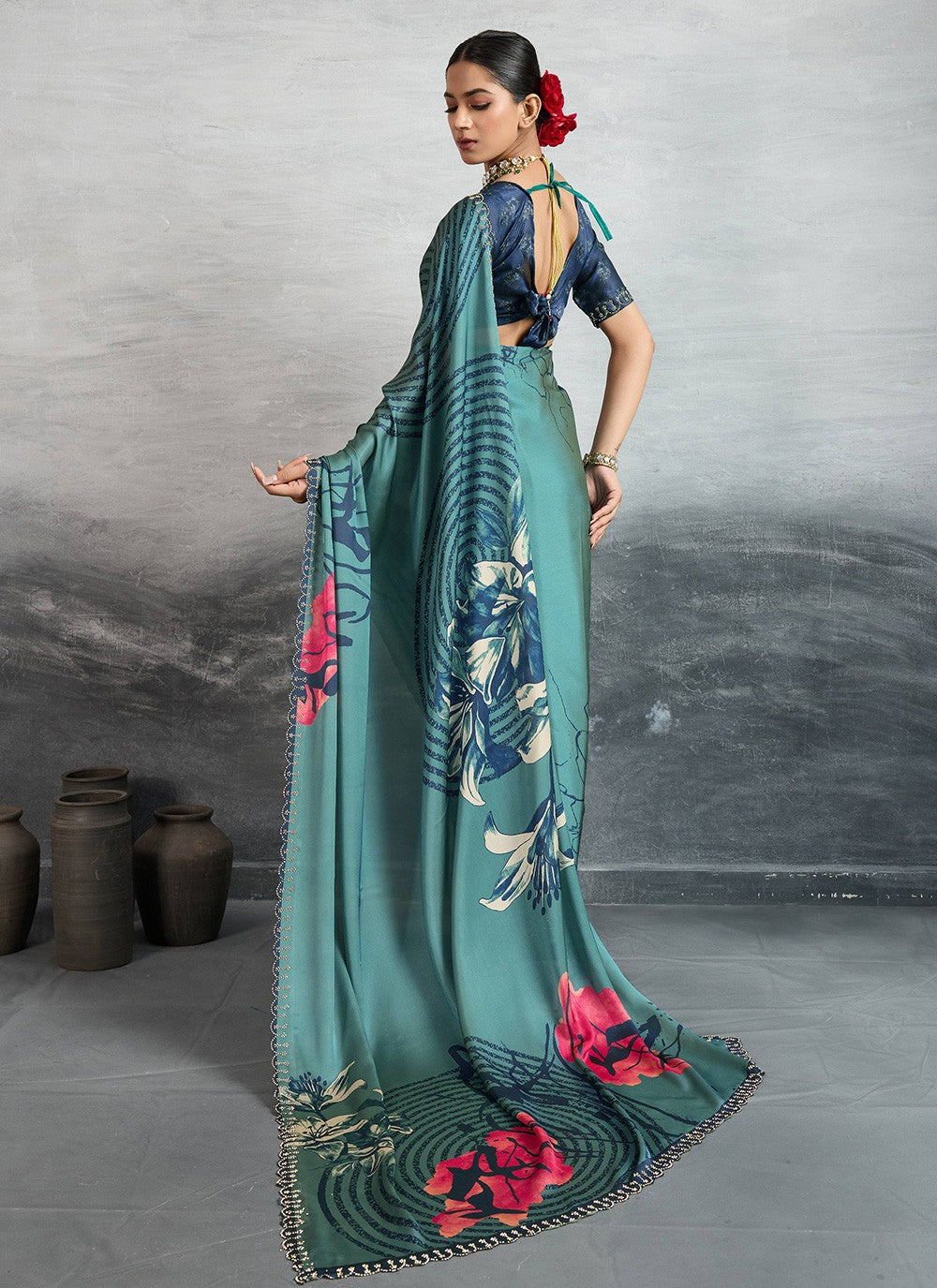 Teal Satin Silk Classic Saree Digital Print S18245