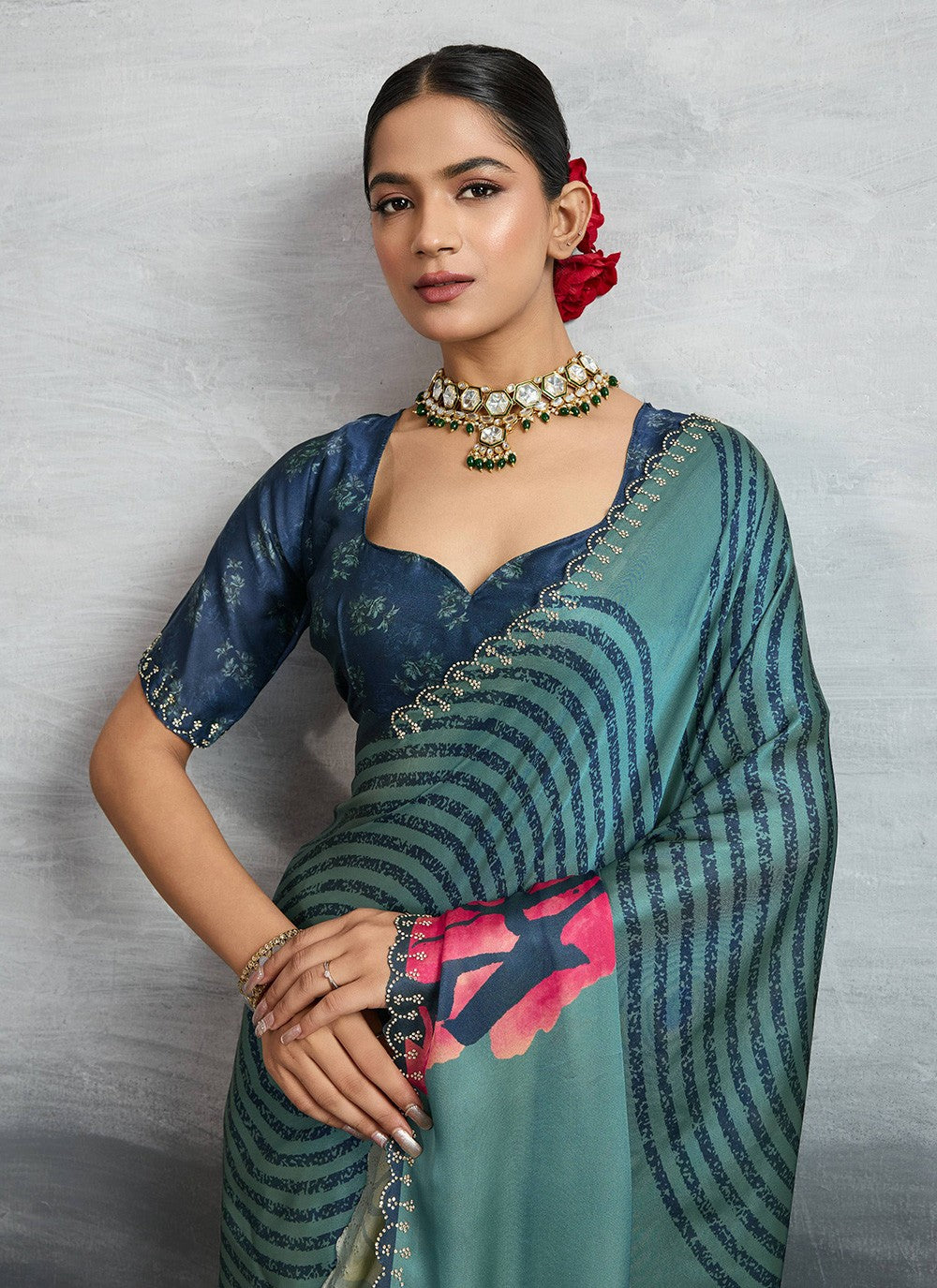 Teal Satin Silk Classic Saree Digital Print S18245