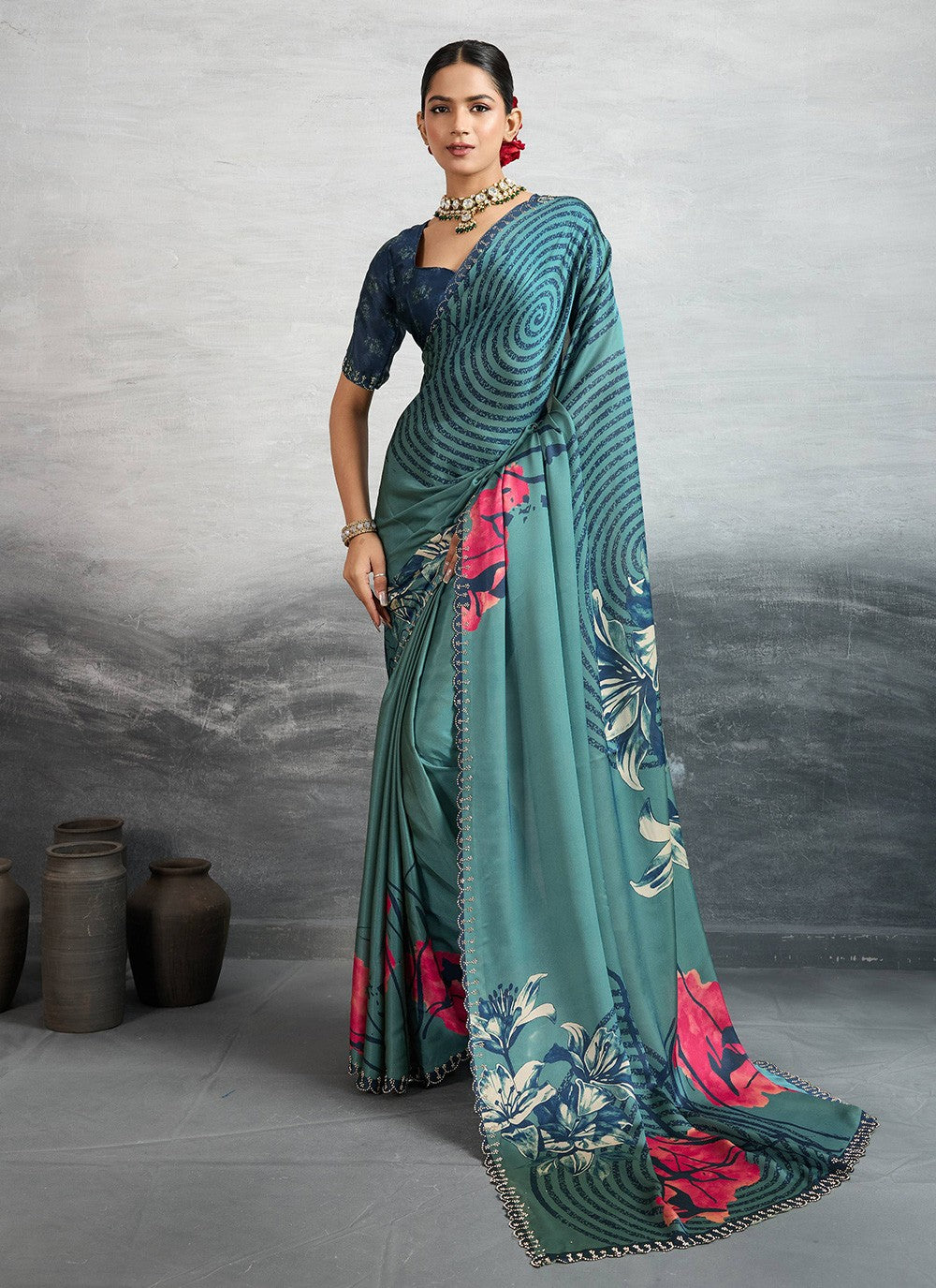 Teal Satin Silk Classic Saree Digital Print S18245