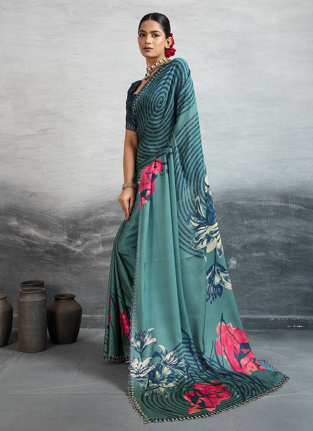 Teal Satin Silk Classic Saree Digital Print S18245