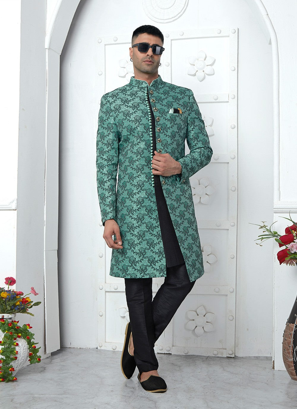 Fancy Work Jacquard Silk Teal Indo Western - M6615