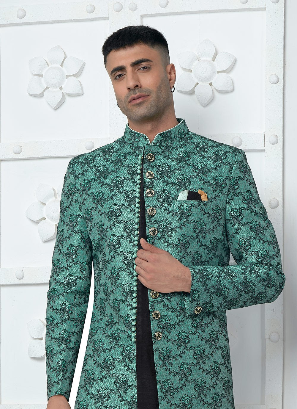 Fancy Work Jacquard Silk Teal Indo Western - M6615