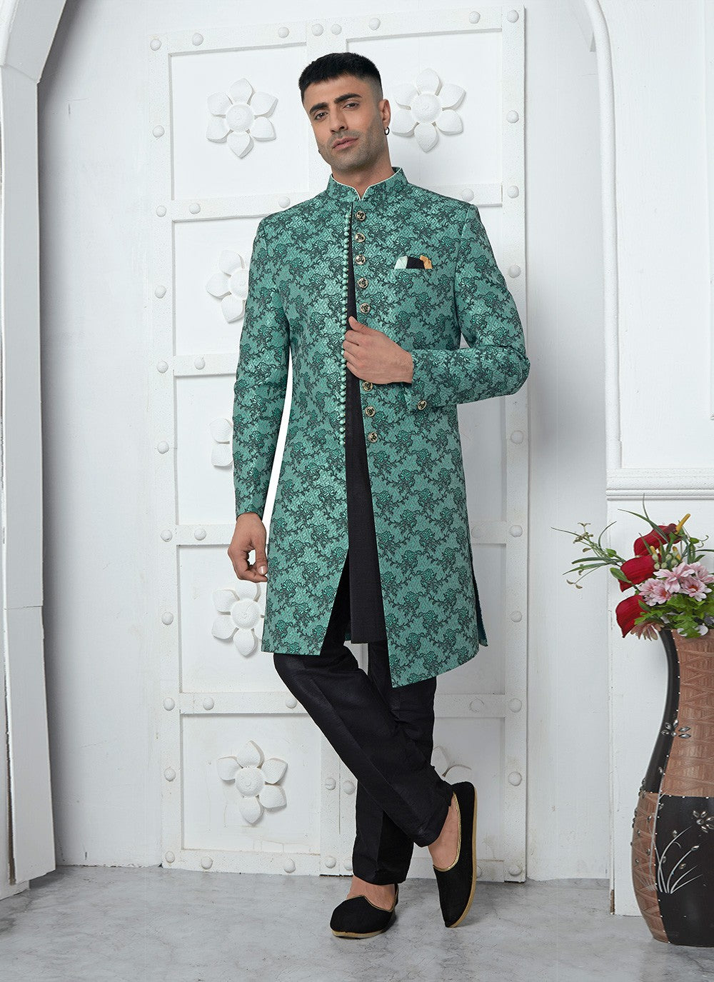 Fancy Work Jacquard Silk Teal Indo Western - M6615
