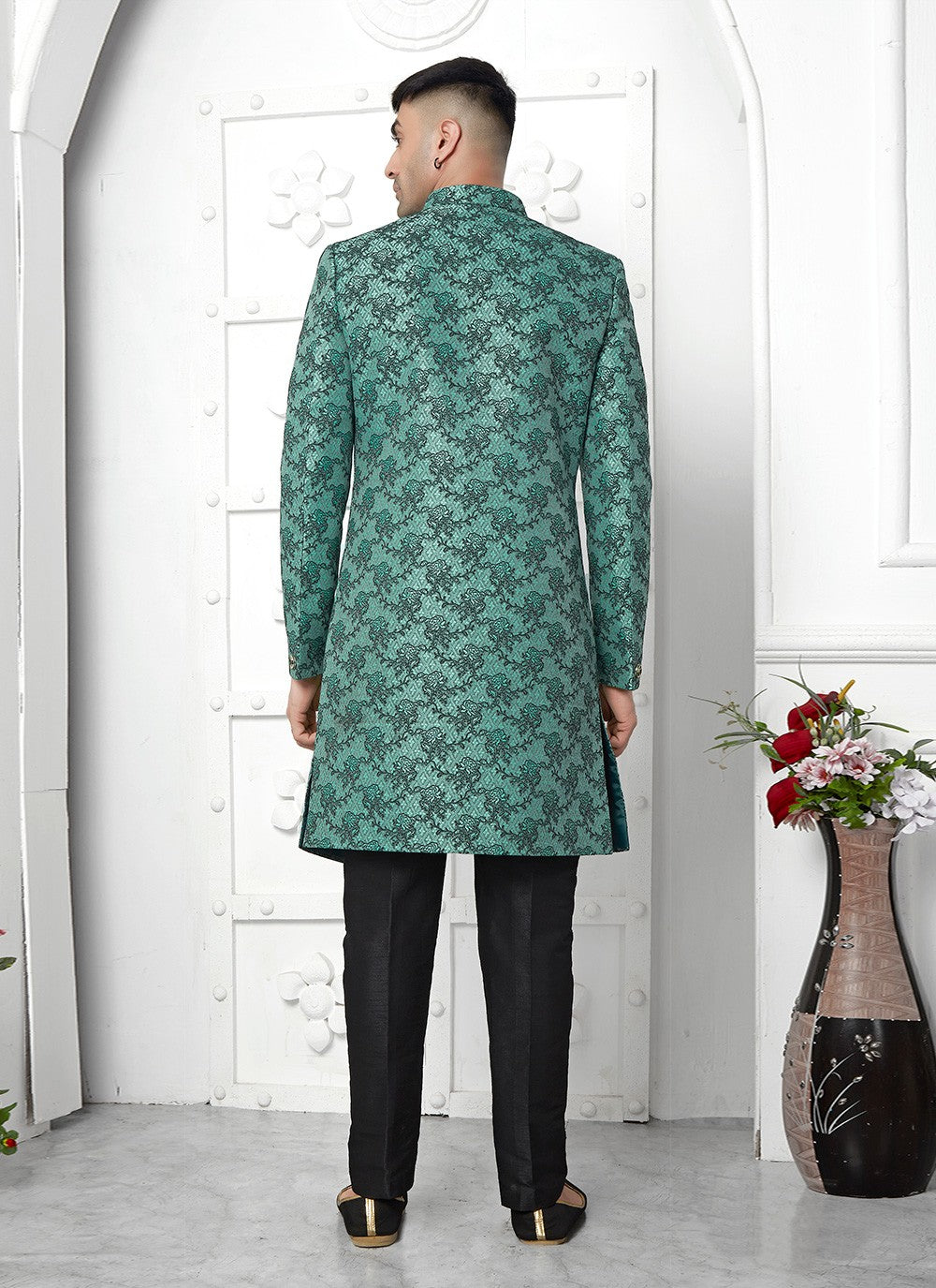 Fancy Work Jacquard Silk Teal Indo Western - M6615