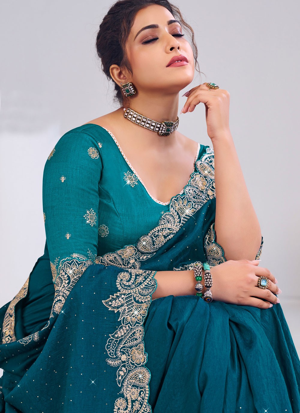 Teal Silk Classic Saree Fancy Work S19881