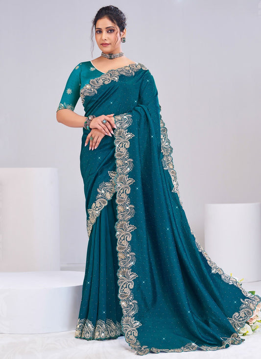 Teal Silk Classic Saree Fancy Work S19881