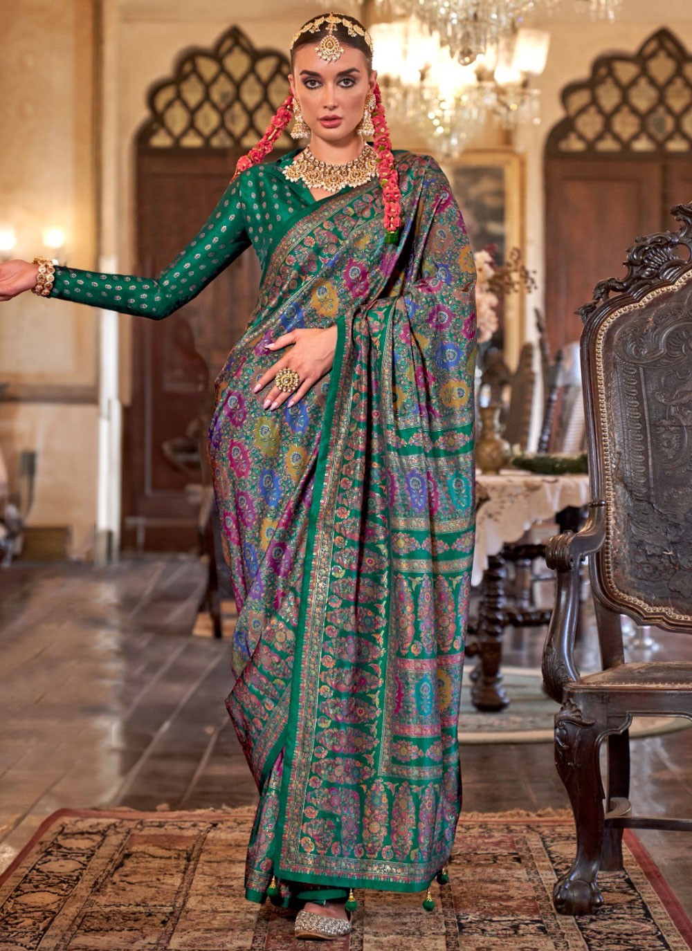 Contemporary Printed Teal Silk Saree S13676