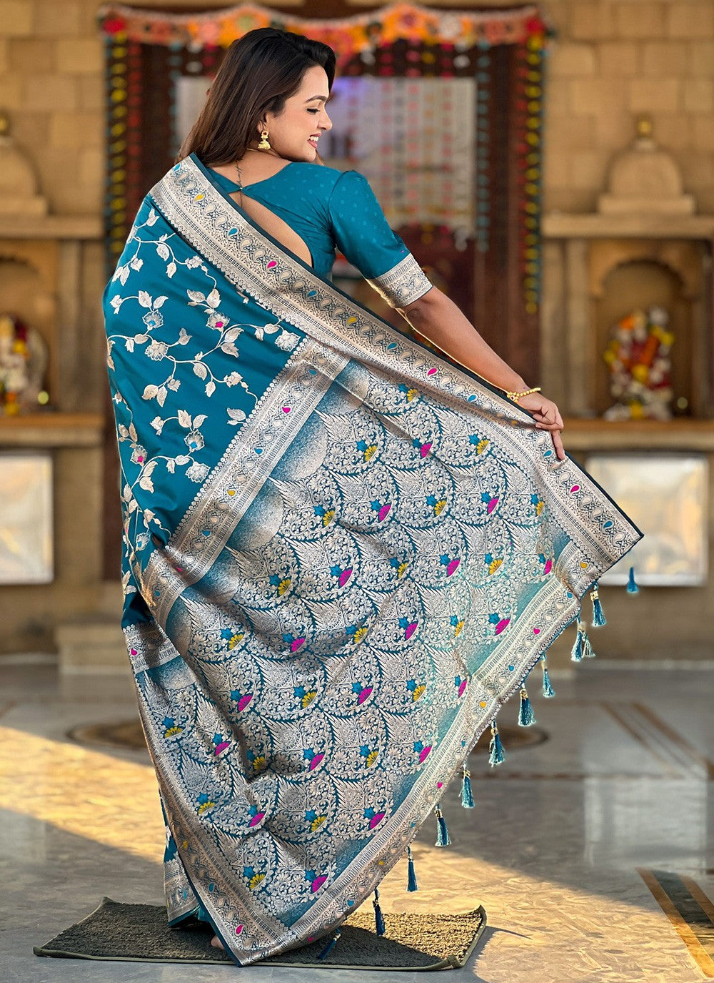 Teal Banarasi Silk Contemporary Saree Jacquard Work S16585