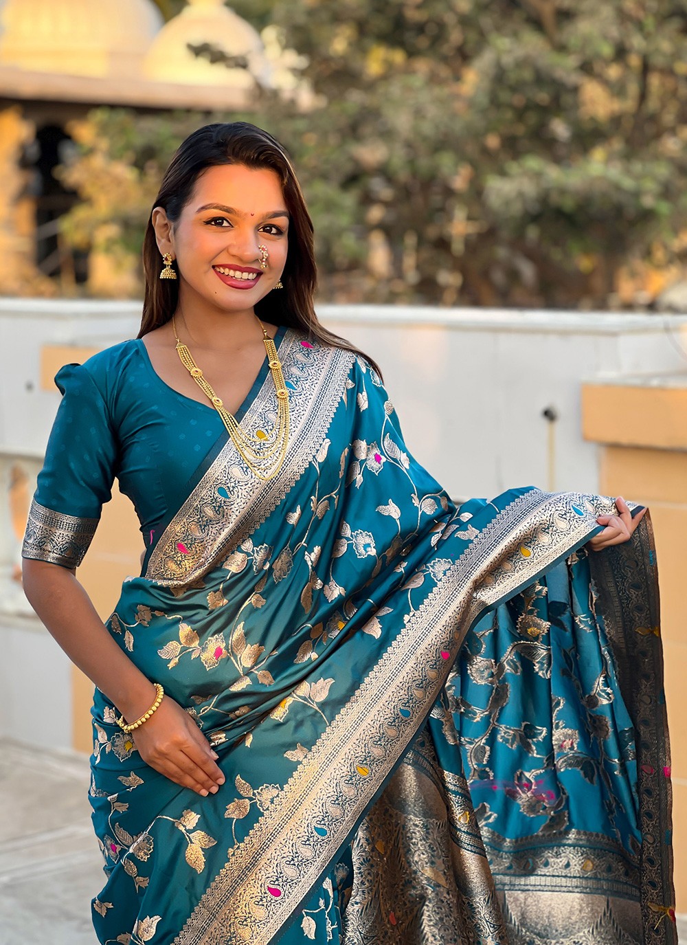 Teal Banarasi Silk Contemporary Saree Jacquard Work S16585