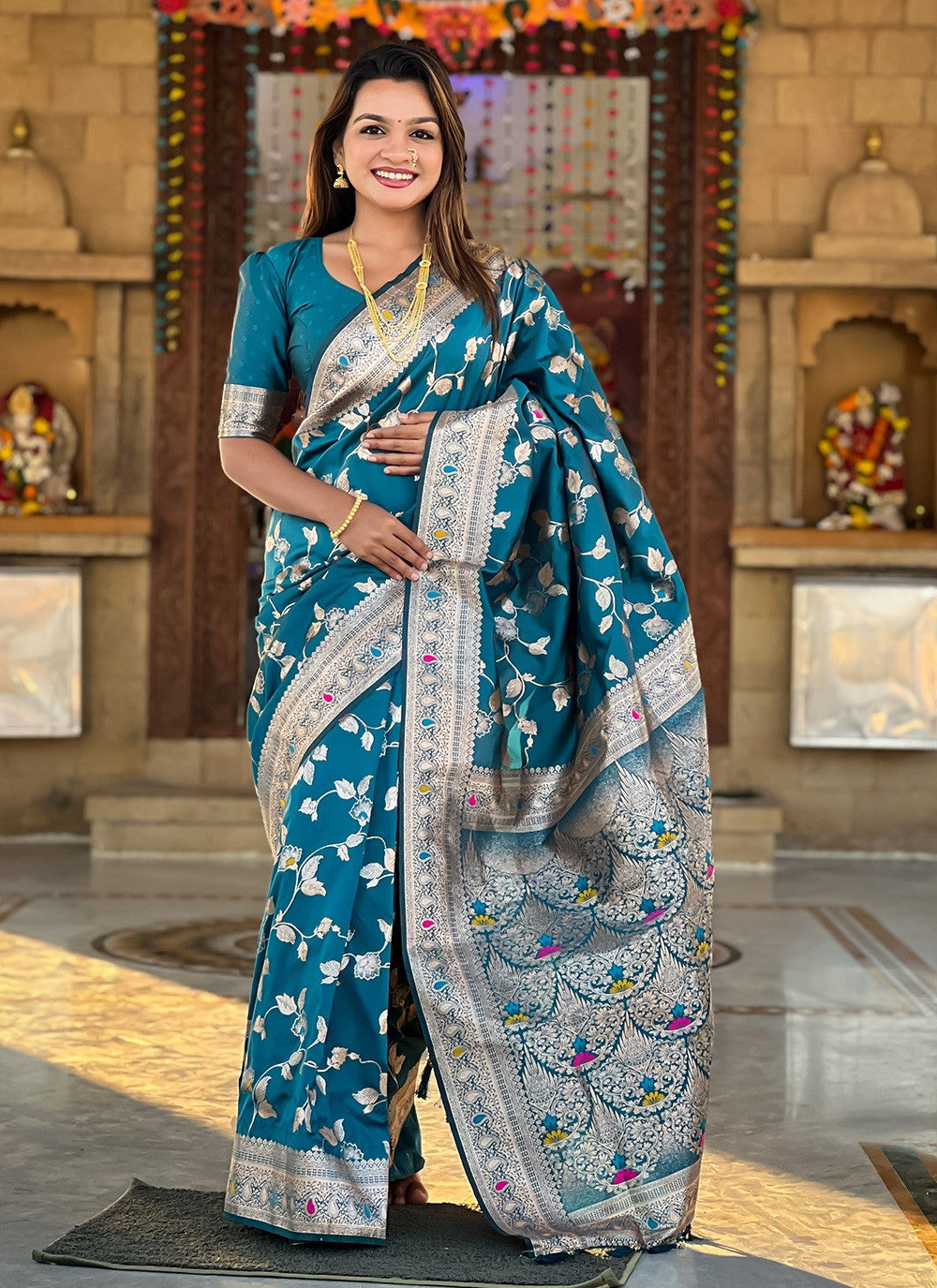 Teal Banarasi Silk Contemporary Saree Jacquard Work S16585