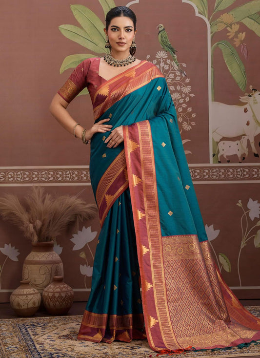 Teal Tussar Silk Contemporary Saree Weaving Zari S19912