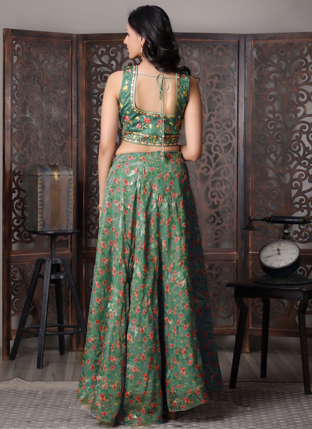 Fancy Work Organza Teal Lehenga Choli L3712