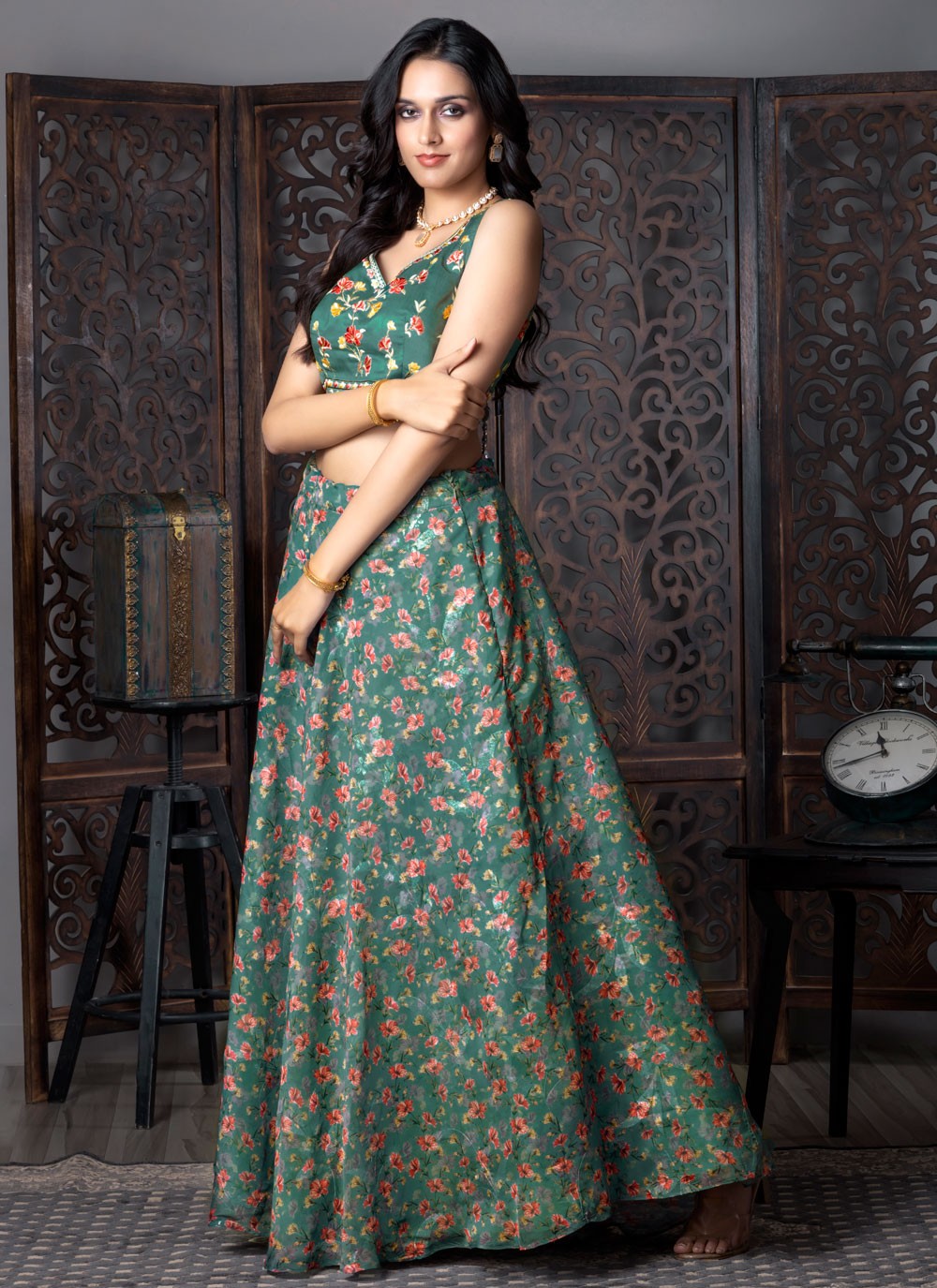 Fancy Work Organza Teal Lehenga Choli L3712