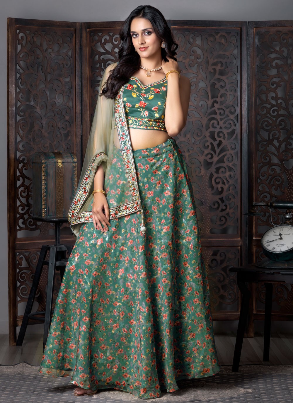 Fancy Work Organza Teal Lehenga Choli L3712