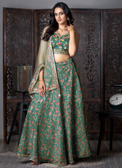 Fancy Work Organza Teal Lehenga Choli L3712