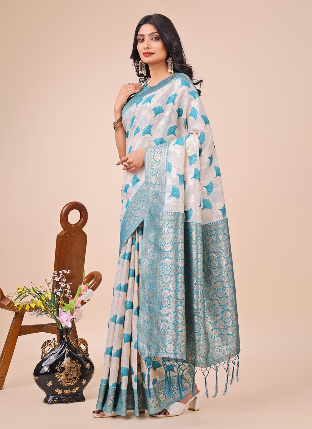 Woven Cotton Teal Classic Saree S15150