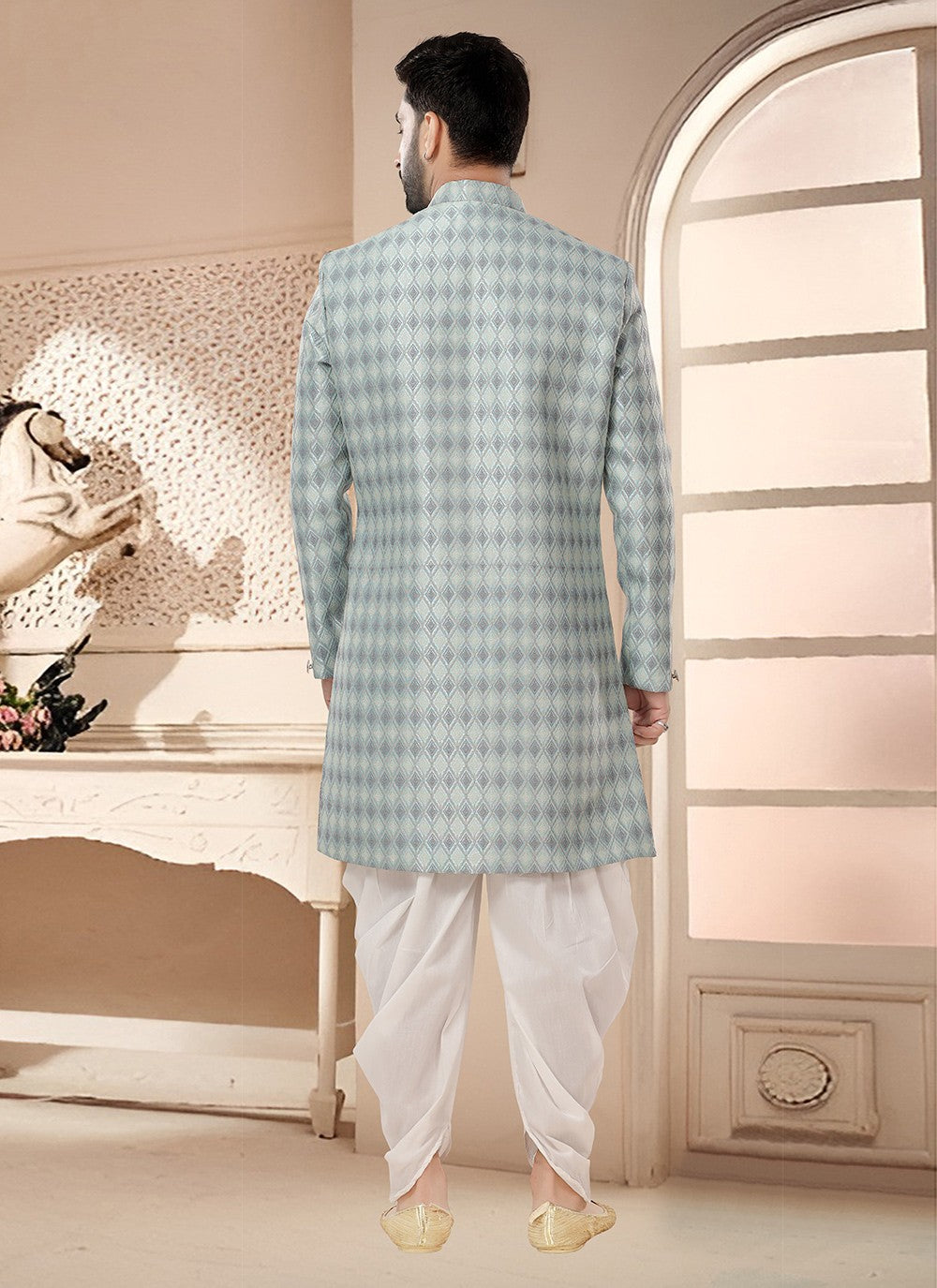 Patch Jacquard Teal Sherwani - M7567