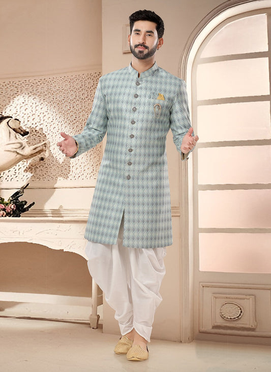Patch Jacquard Teal Sherwani - M7567